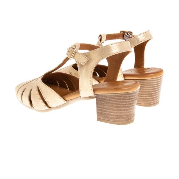 DNA Footwear Bergen Sandals Peep-Toe Metallic Gold Sandals, Wood Heels T-Strap - Picture 2 of 11